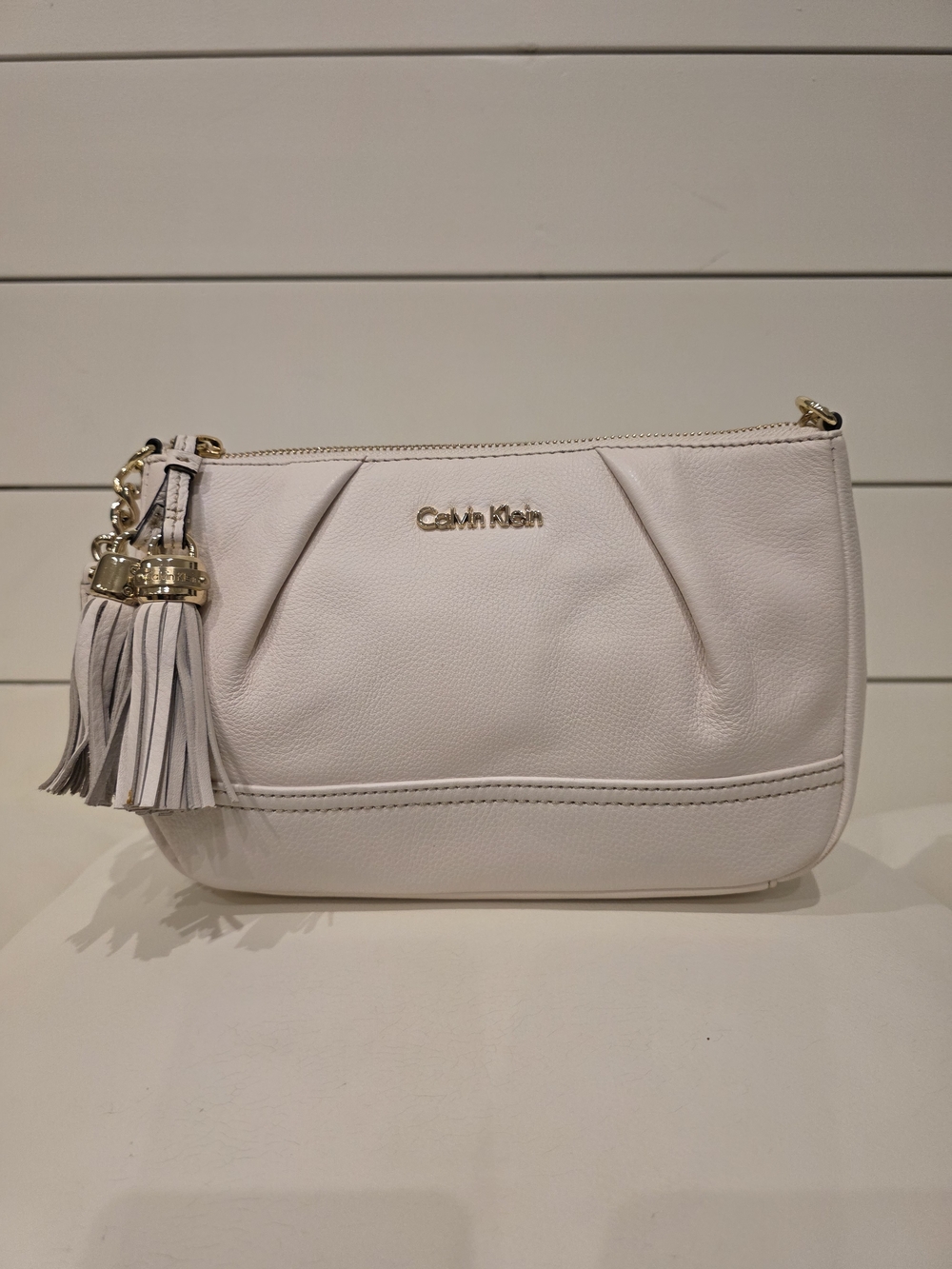 Calvin Klein Cream Leather Tassel Clutch